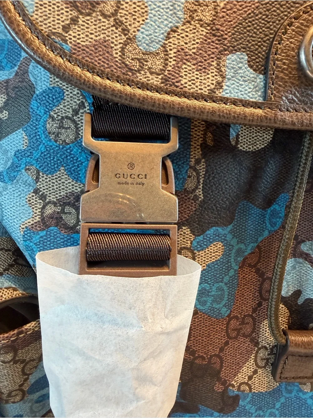 New Authentic Gucci GG Supreme Logo Blue Camo Backpack Tan Size Large